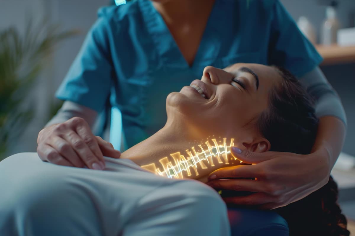 Patiente recevant un traitement cervical avec luminothérapie par un praticien du centre Elhatimi